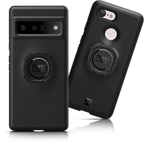 Two black Quad Lock phone cases for various Google Pixel models.